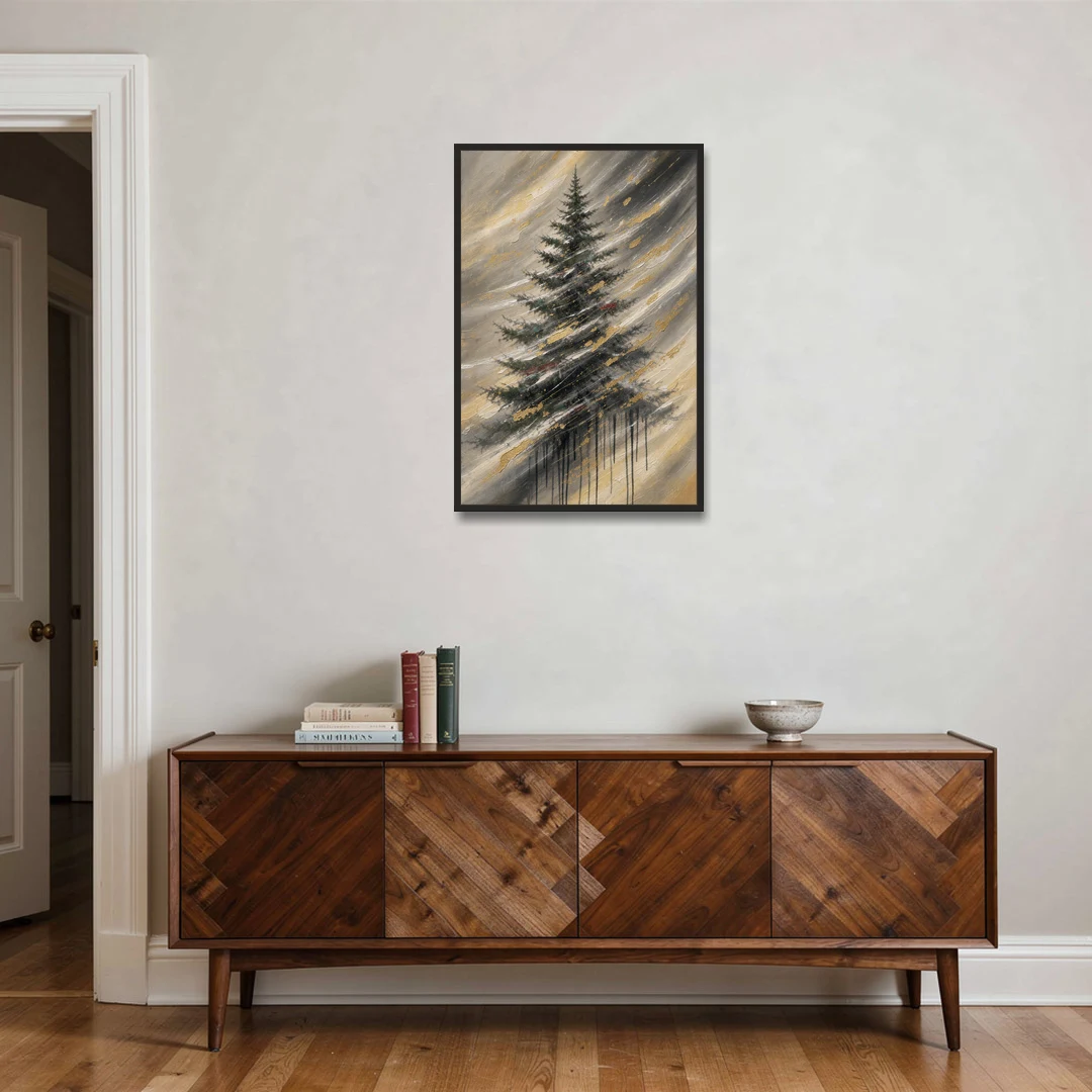 Contemporary Christmas Winter Tree in a Gold Blizzard - Black Framed Canvas Wall Art - Coffee Table - 24x36
