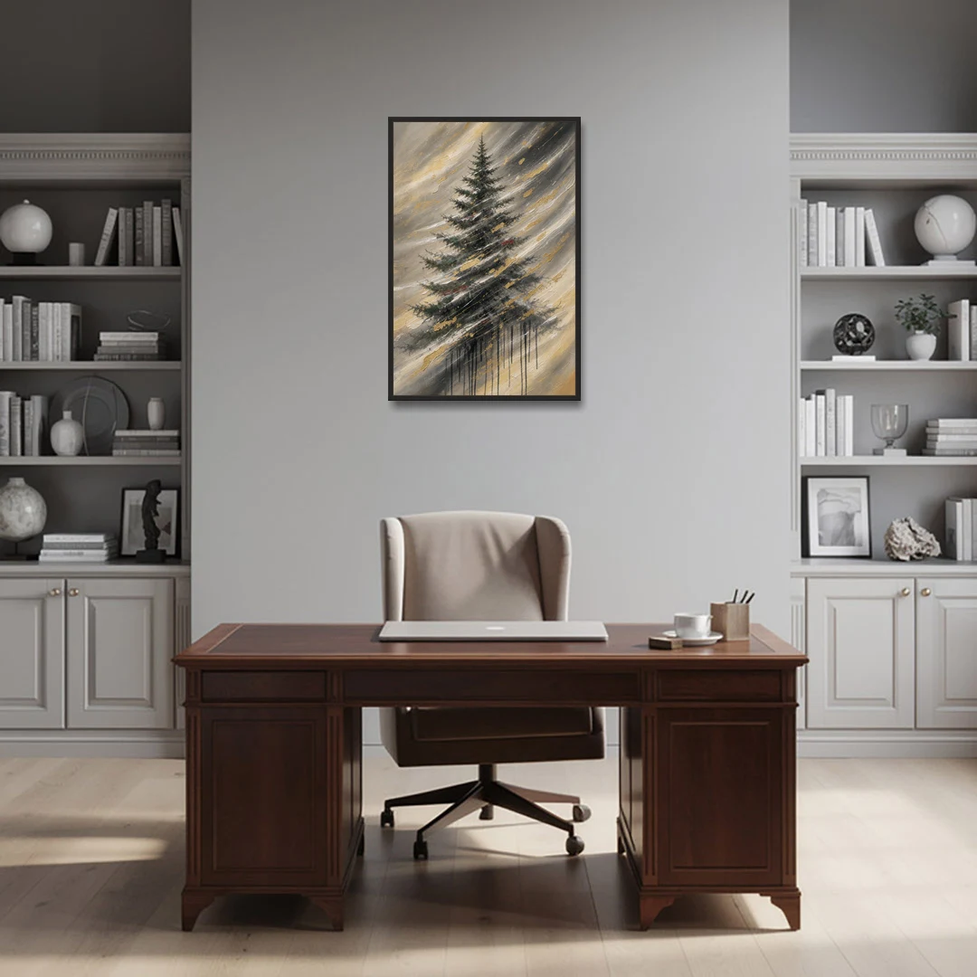 Contemporary Christmas Winter Tree in a Gold Blizzard - Black Framed Canvas Wall Art - Office - 24x36