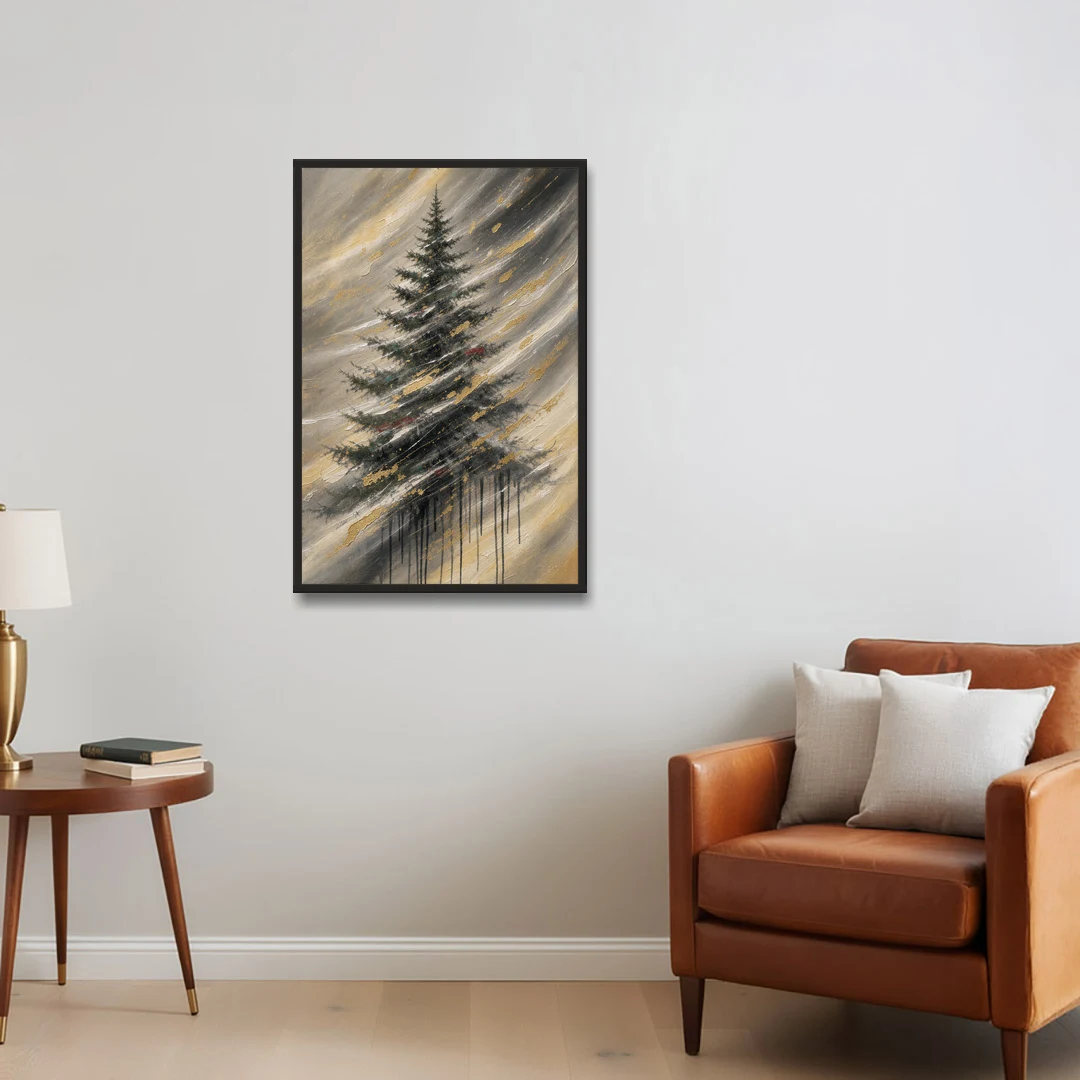 Contemporary Christmas Winter Tree in a Gold Blizzard - Black Framed Canvas Wall Art - Sofa - 24x36