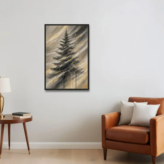 Contemporary Christmas Winter Tree in a Gold Blizzard - Black Framed Canvas Wall Art - Sofa - 24x36