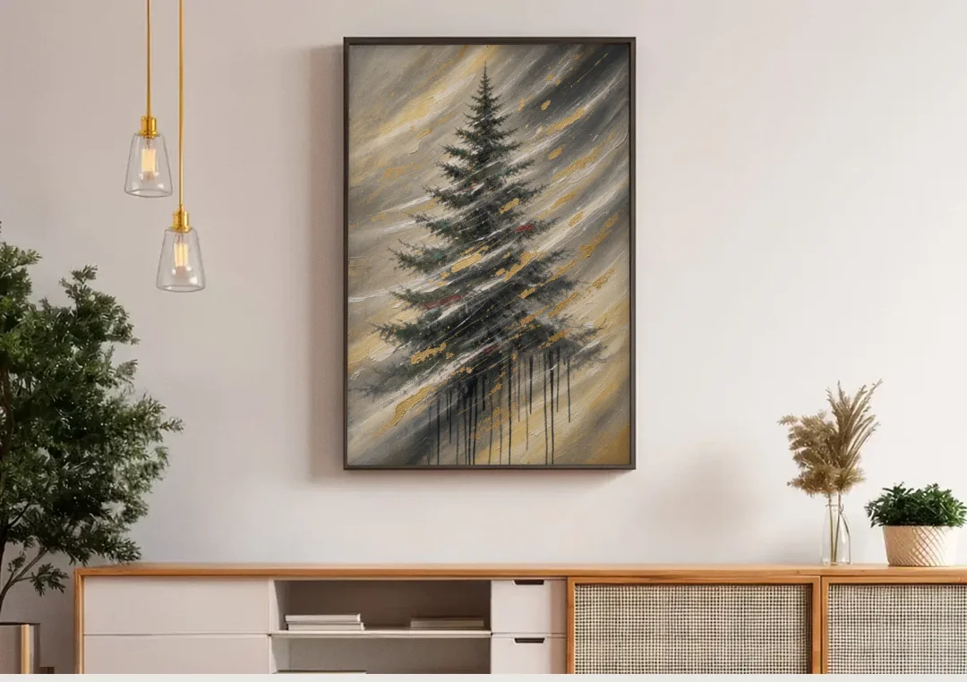 Contemporary Christmas Winter Tree in a Gold Blizzard canvas wall art above a wooden sideboard under pendant lights