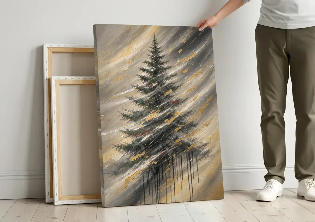 Contemporary Christmas Winter Tree in a Gold Blizzard canvas wall art leaning against a wall next to blank canvases