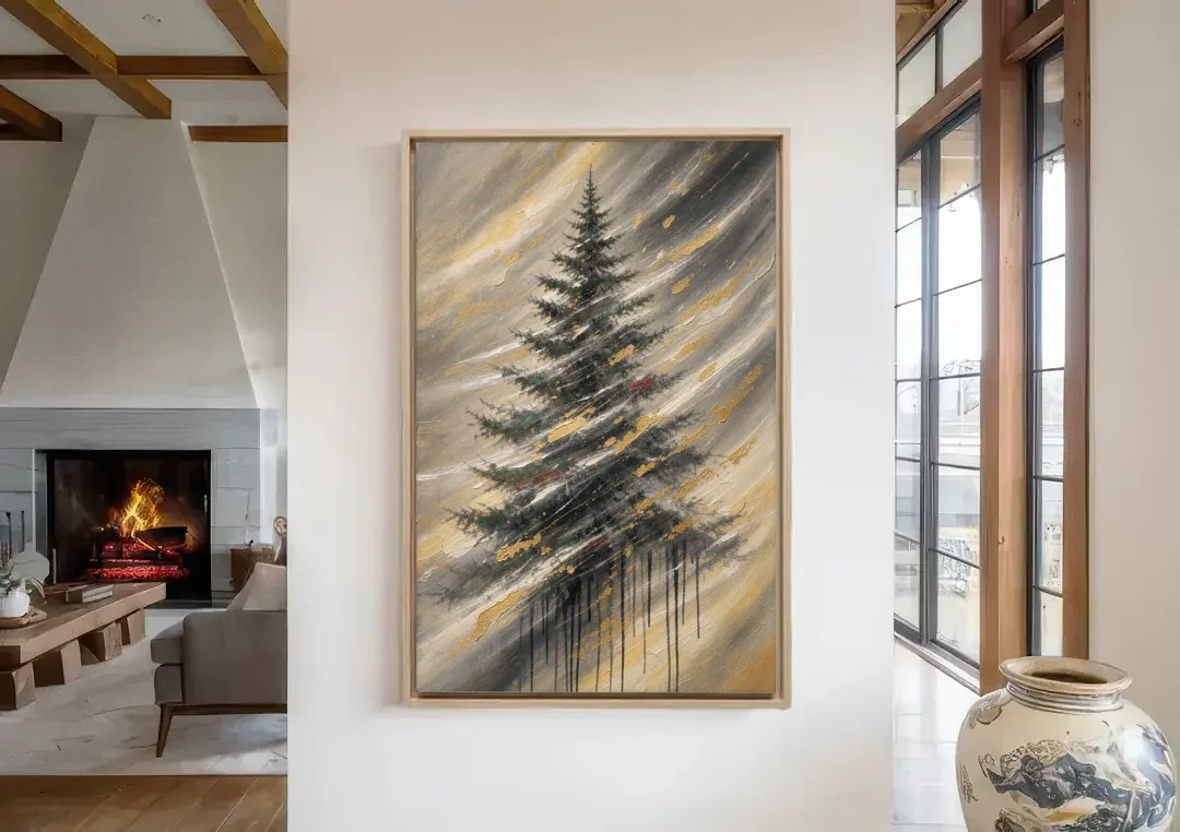 Contemporary Christmas Winter Tree in a Gold Blizzard canvas wall art in a living room with a fireplace