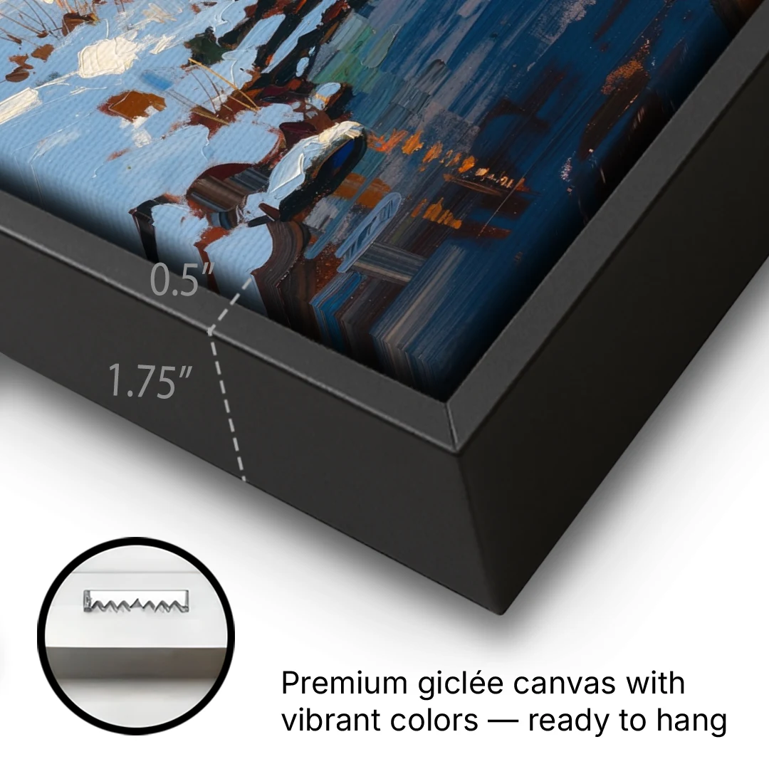 Winter Village Painting with Stone Footbridge - Black Framed Canvas Wall Art - Gallery Wrap Corner