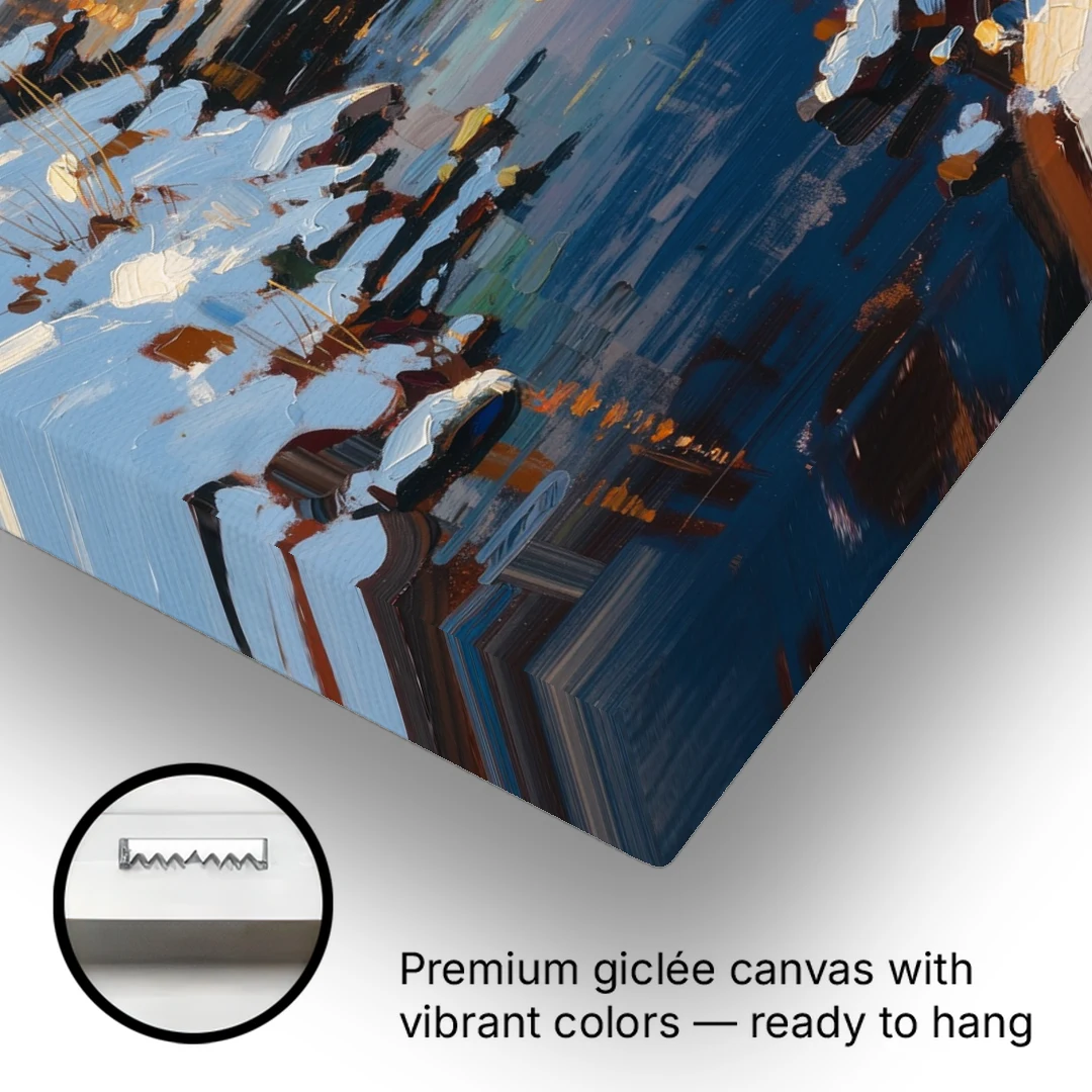 Winter Village Painting with Stone Footbridge - Canvas Wall Art - Gallery Wrap Corner