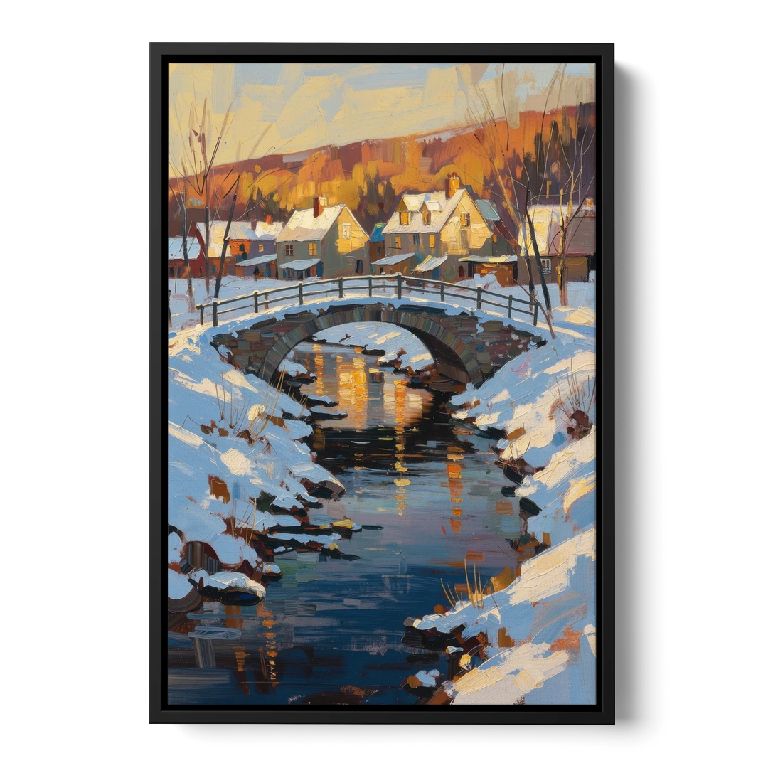 Winter Village Painting with Stone Footbridge - Black Framed Canvas Wall Art - Front