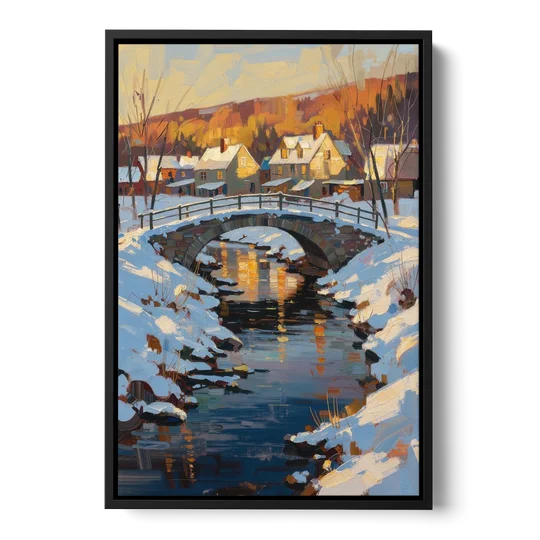 Winter Village Painting with Stone Footbridge - Black Framed Canvas Wall Art - Front