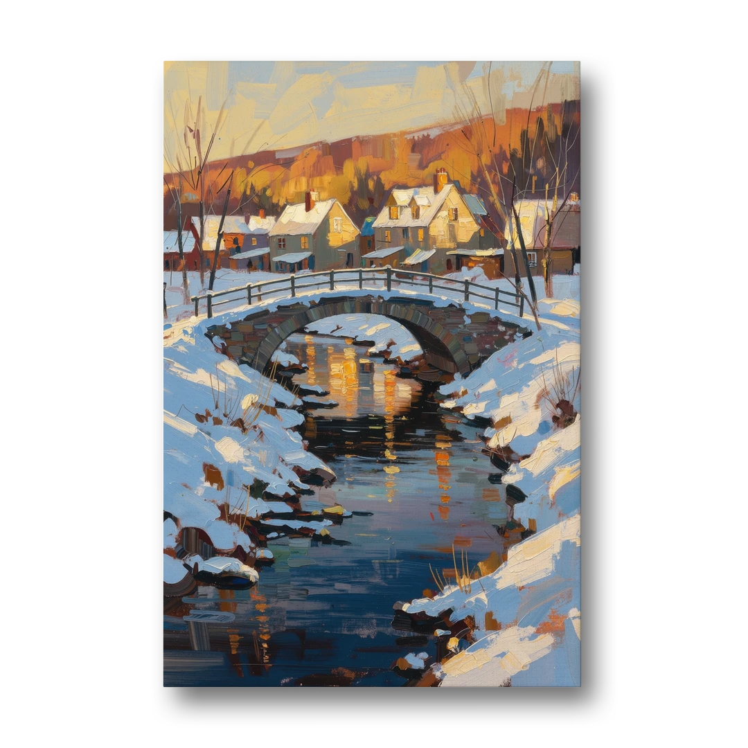 Winter Village Painting with Stone Footbridge - Canvas Wall Art - Front