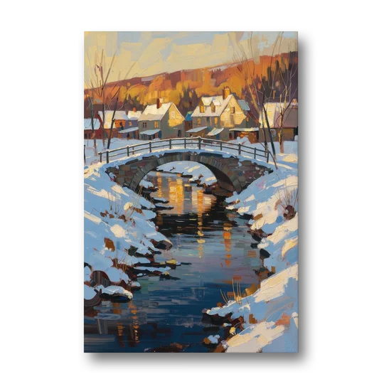 Winter Village Painting with Stone Footbridge - Canvas Wall Art - Front