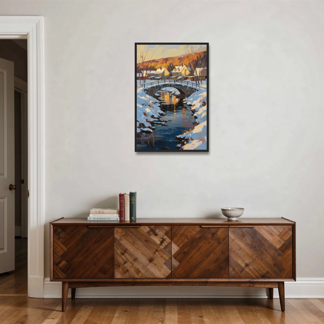 Winter Village Painting with Stone Footbridge - Black Framed Canvas Wall Art - Coffee Table - 24x36