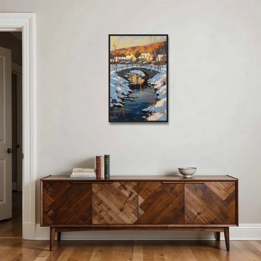 Winter Village Painting with Stone Footbridge - Black Framed Canvas Wall Art - Coffee Table - 24x36