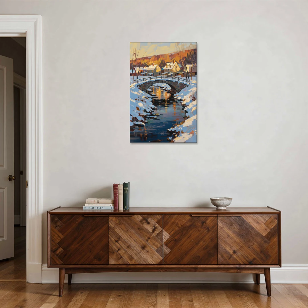 Winter Village Painting with Stone Footbridge - Canvas Wall Art - Coffee Table - 24x36