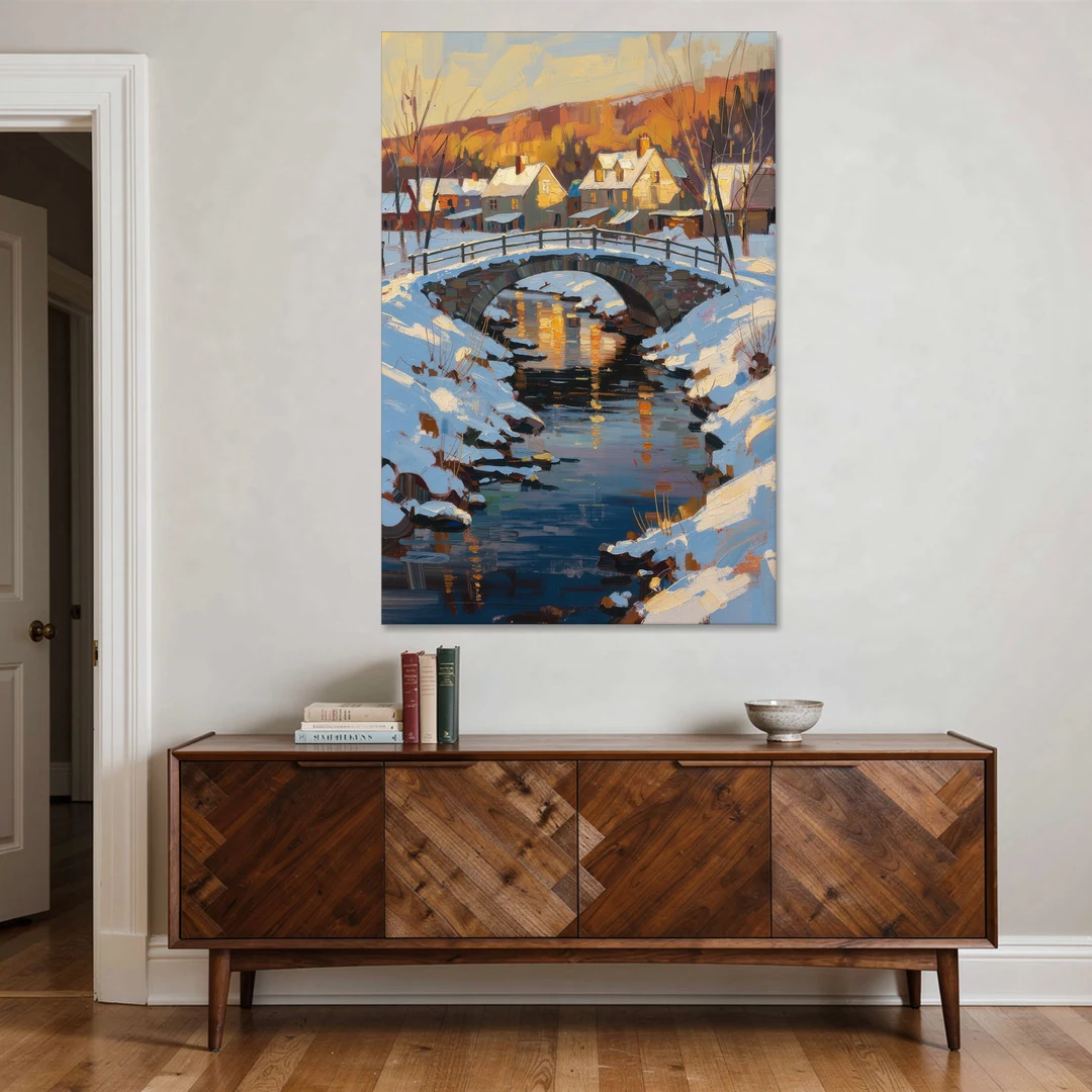 Winter Village Painting with Stone Footbridge - Canvas Wall Art - Coffee Table - 40x60