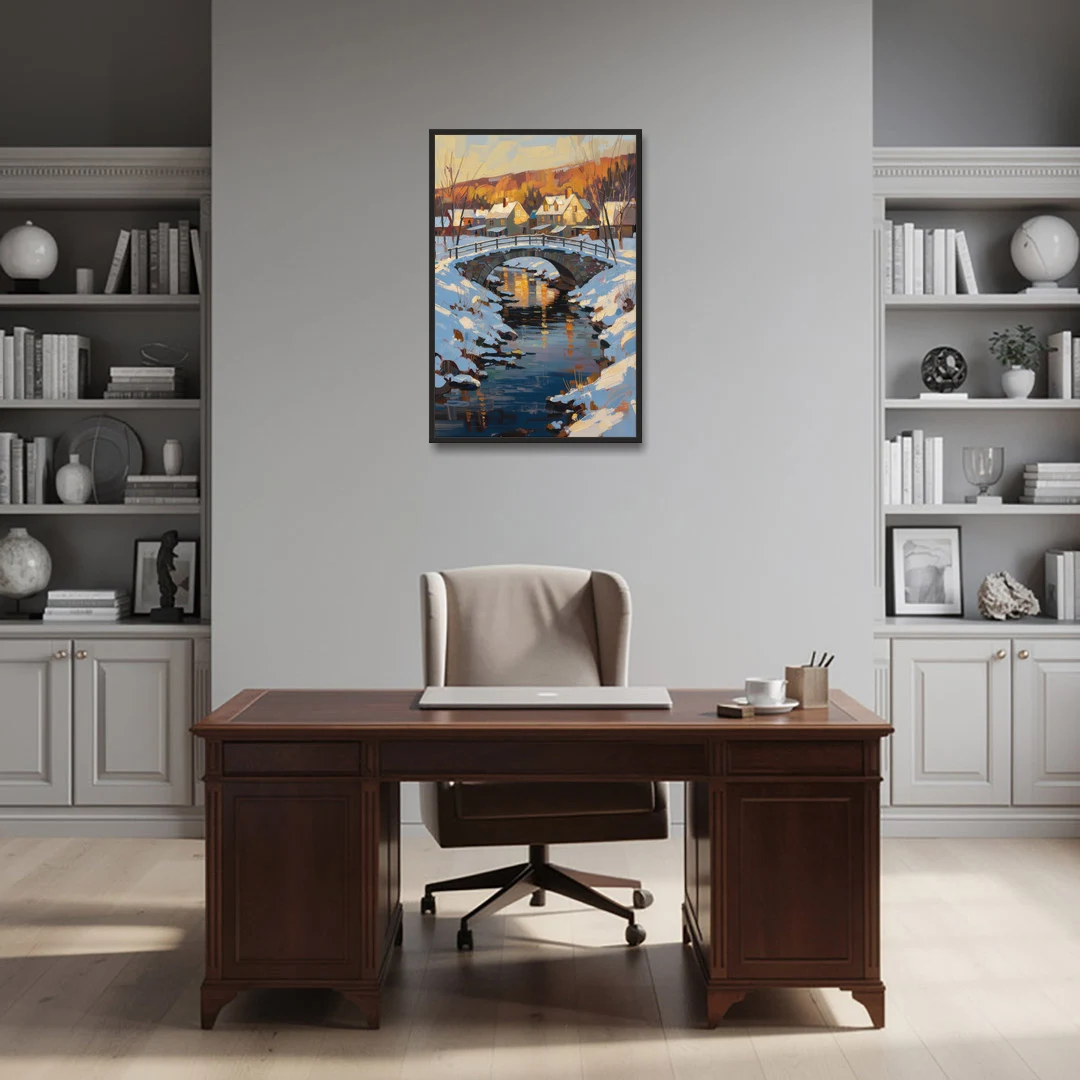 Winter Village Painting with Stone Footbridge - Black Framed Canvas Wall Art - Office - 24x36