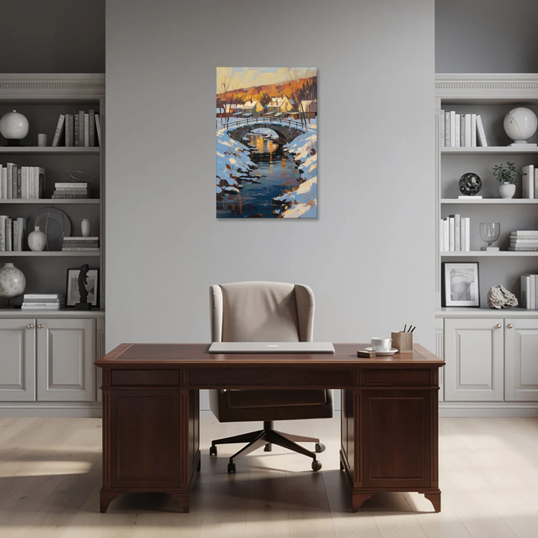 Winter Village Painting with Stone Footbridge - Canvas Wall Art - Office - 24x36