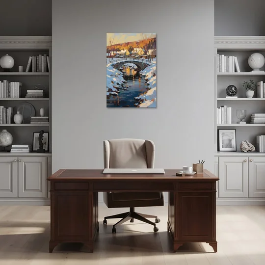 Winter Village Painting with Stone Footbridge - Canvas Wall Art - Office - 24x36