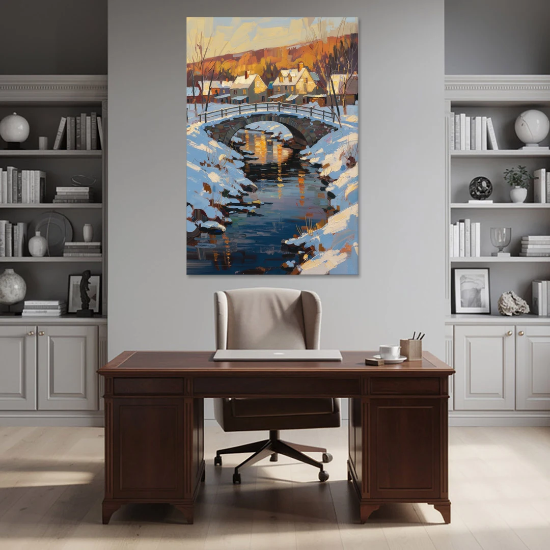 Winter Village Painting with Stone Footbridge - Canvas Wall Art - Office - 40x60