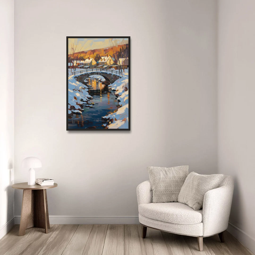 Winter Village Painting with Stone Footbridge - Black Framed Canvas Wall Art - Sofa - 24x36