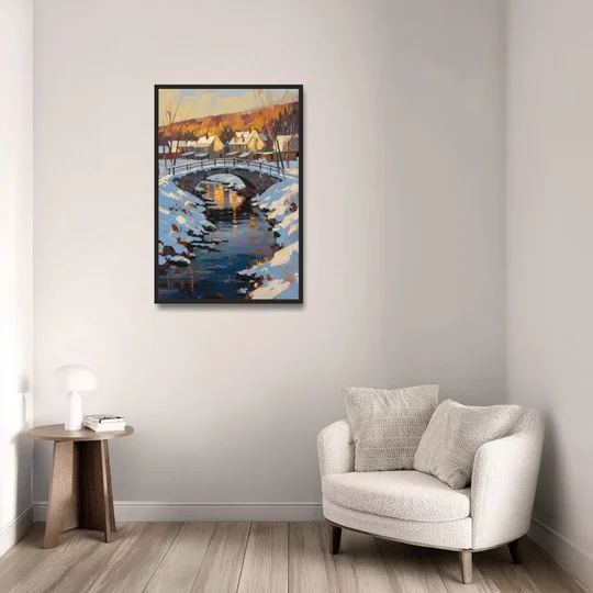 Winter Village Painting with Stone Footbridge - Black Framed Canvas Wall Art - Sofa - 24x36