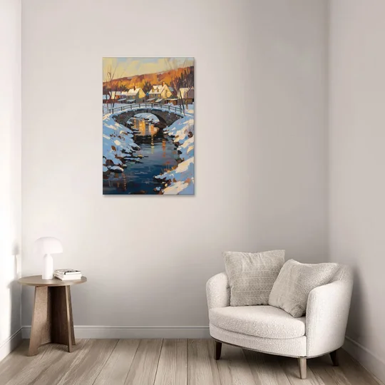 Winter Village Painting with Stone Footbridge - Canvas Wall Art - Sofa - 24x36