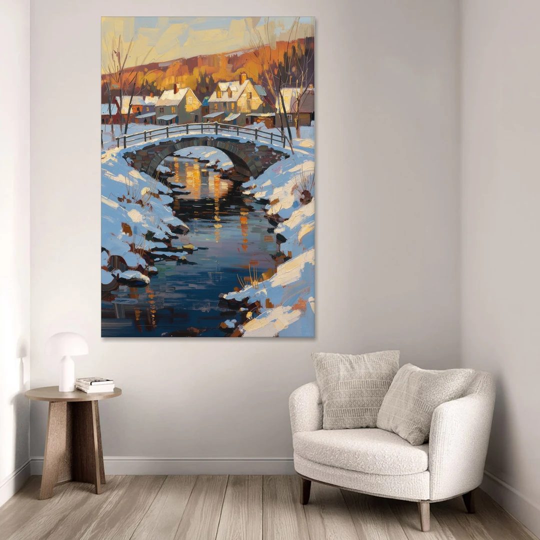 Winter Village Painting with Stone Footbridge - Canvas Wall Art - Sofa - 40x60
