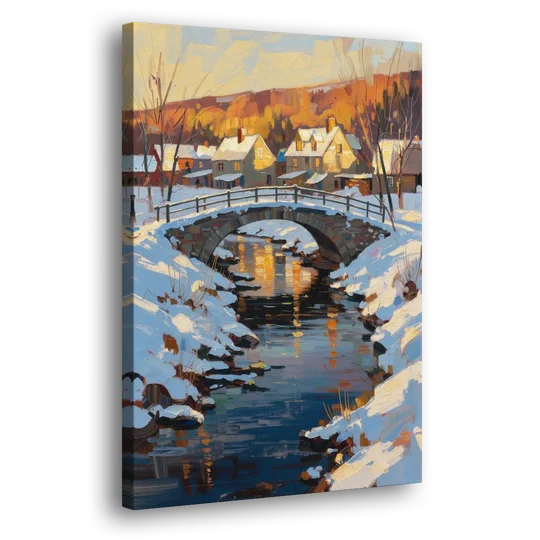 Winter Village Painting with Stone Footbridge - Canvas Wall Art - Side
