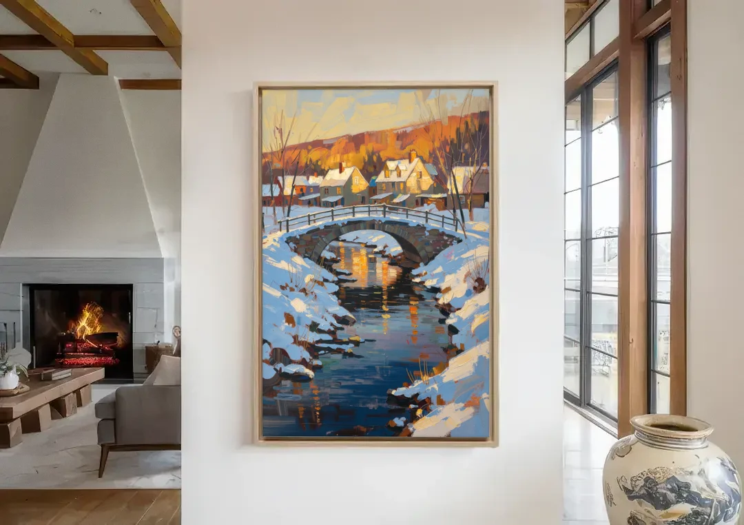 Winter Village Painting with Stone Footbridge canvas wall art in a living room with a fireplace