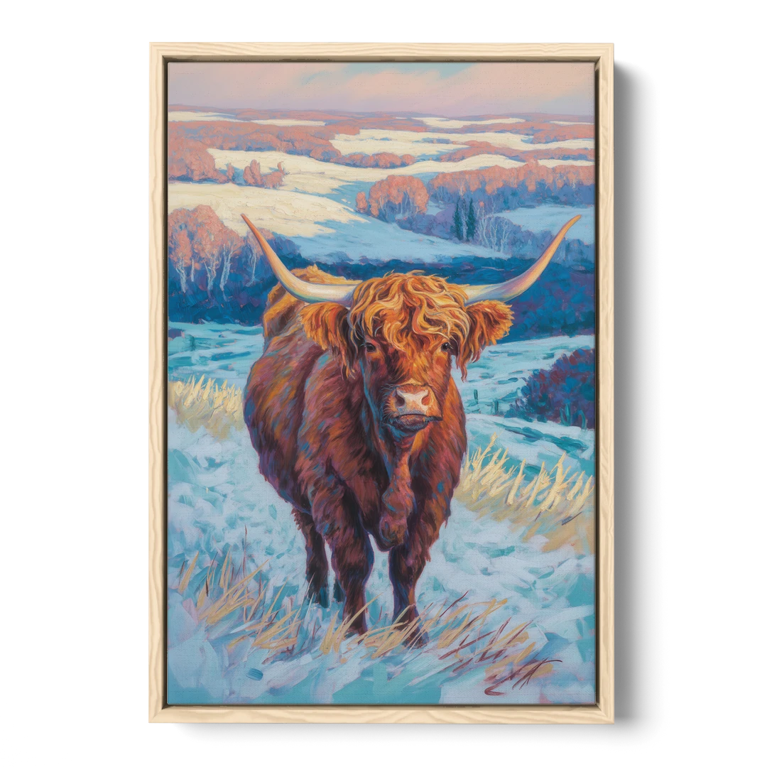 Winter Wonderland Highland Cow - Oak Framed Canvas Wall Art - Front