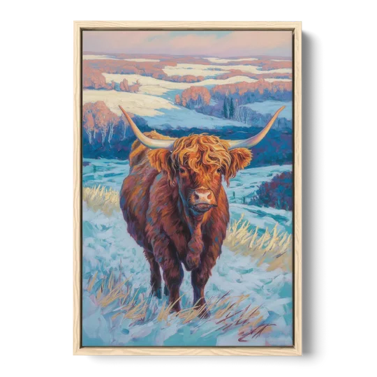 Winter Wonderland Highland Cow - Oak Framed Canvas Wall Art - Front
