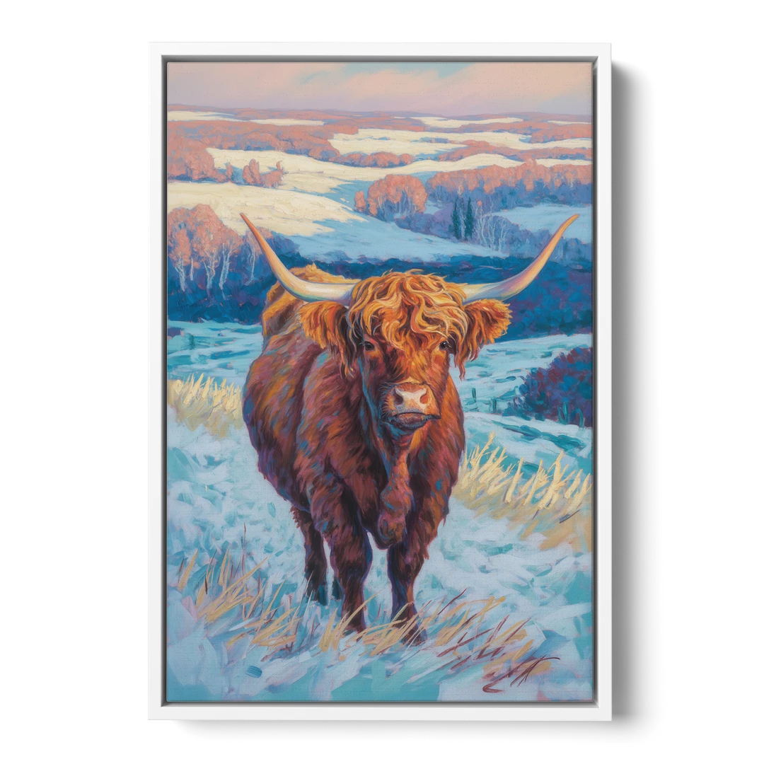 Winter Wonderland Highland Cow - White Framed Canvas Wall Art - Front