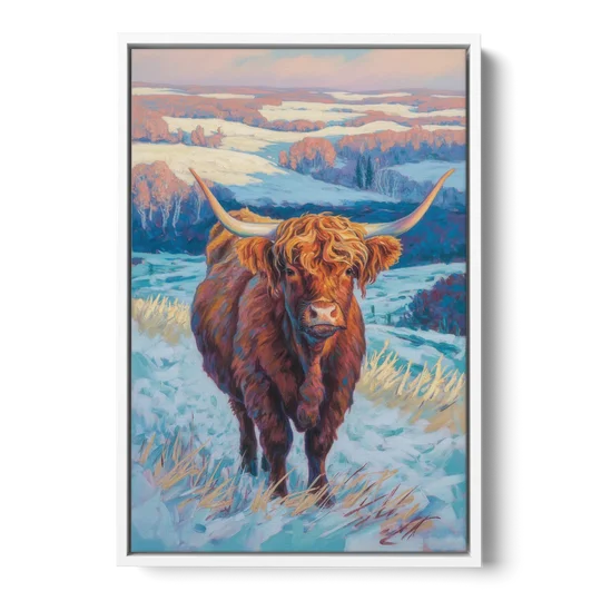 Winter Wonderland Highland Cow - White Framed Canvas Wall Art - Front