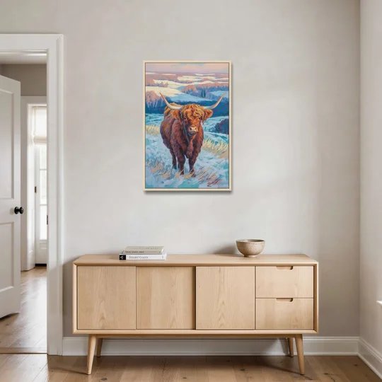 Winter Wonderland Highland Cow - Oak Framed Canvas Wall Art - Coffee Table - 24x36