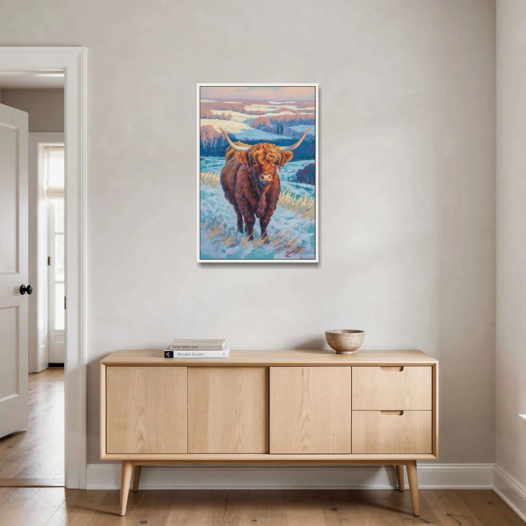 Winter Wonderland Highland Cow - White Framed Canvas Wall Art - Coffee Table - 24x36