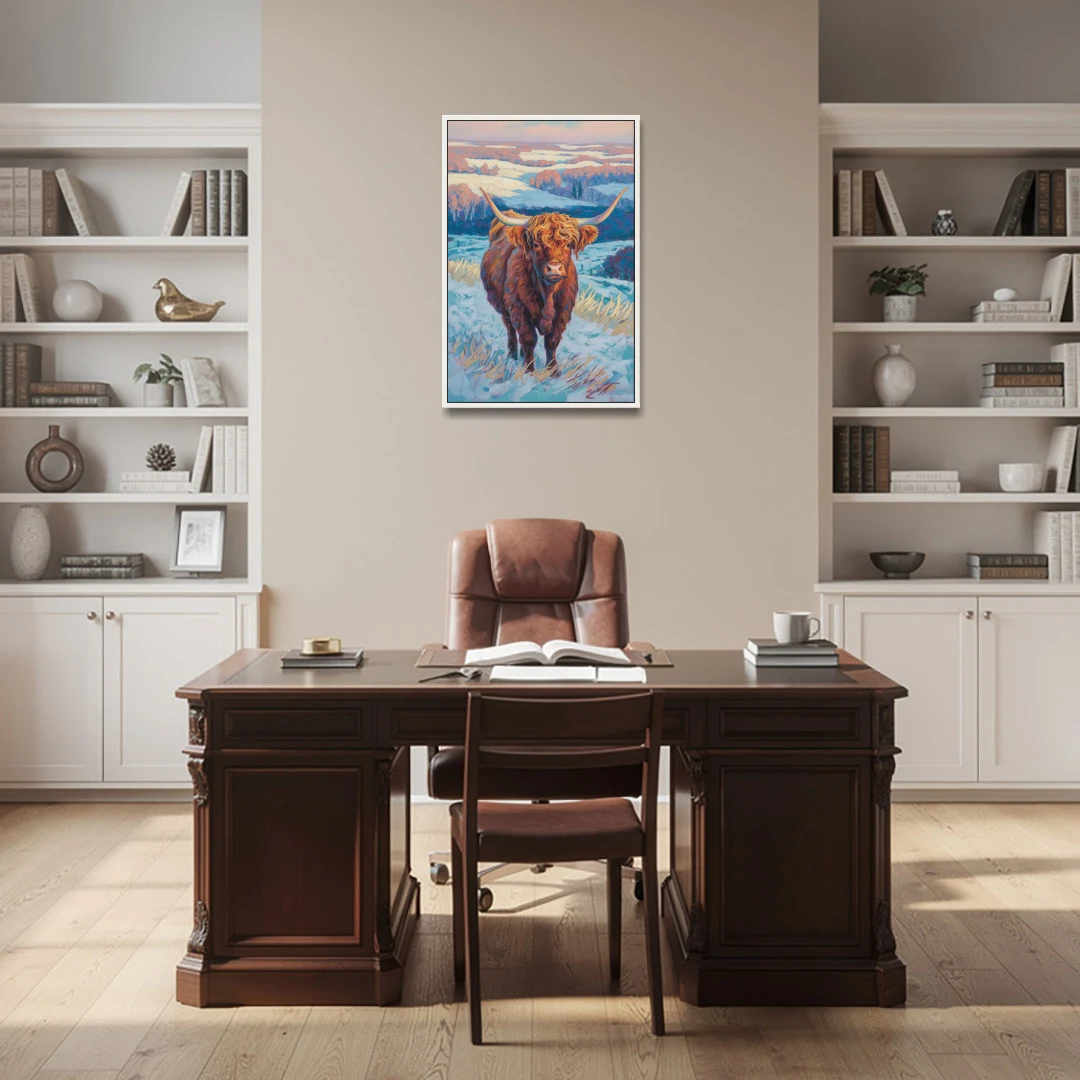 Winter Wonderland Highland Cow - White Framed Canvas Wall Art - Office - 24x36