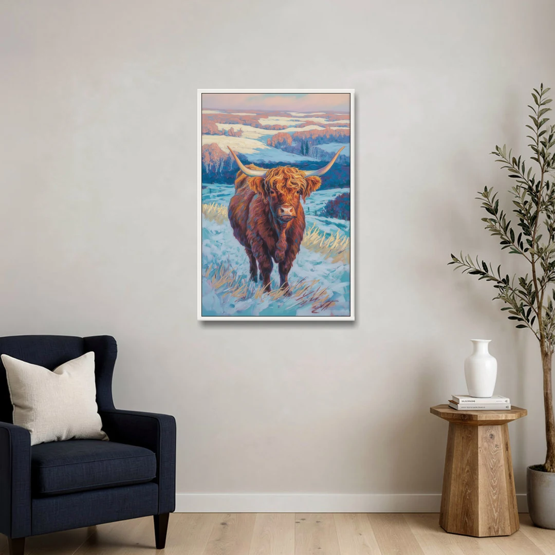 Winter Wonderland Highland Cow - White Framed Canvas Wall Art - Sofa - 24x36