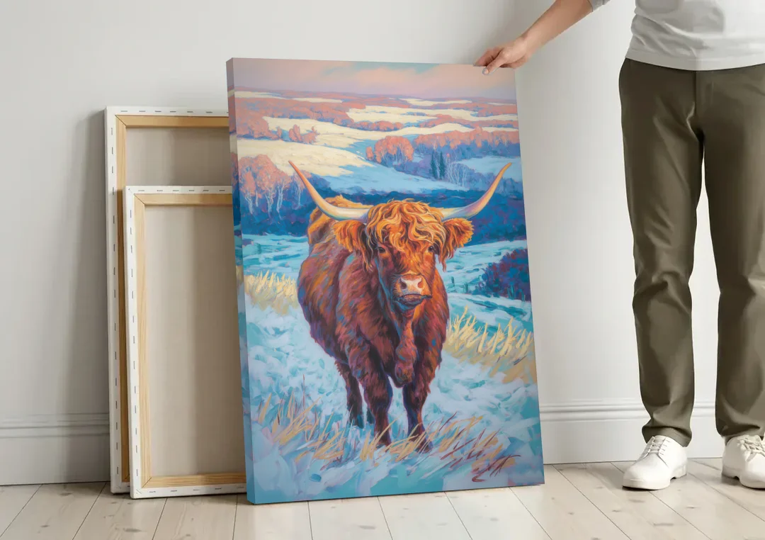 Winter Wonderland Highland Cow canvas wall art leaning against a wall next to blank canvases