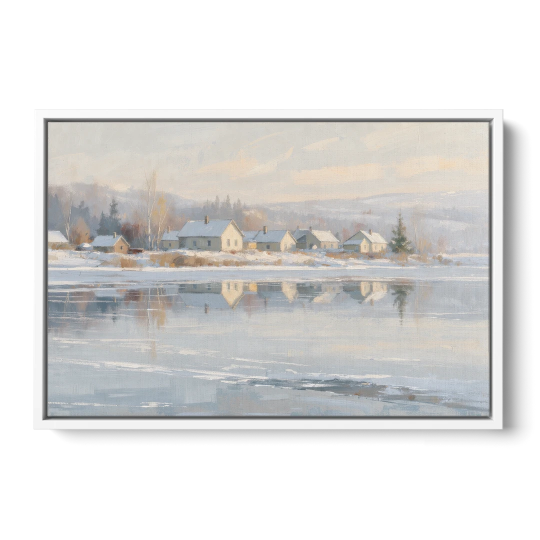 Winter Wonderland Wall Art by the Frozen Lake - White Framed Canvas Wall Art - Front