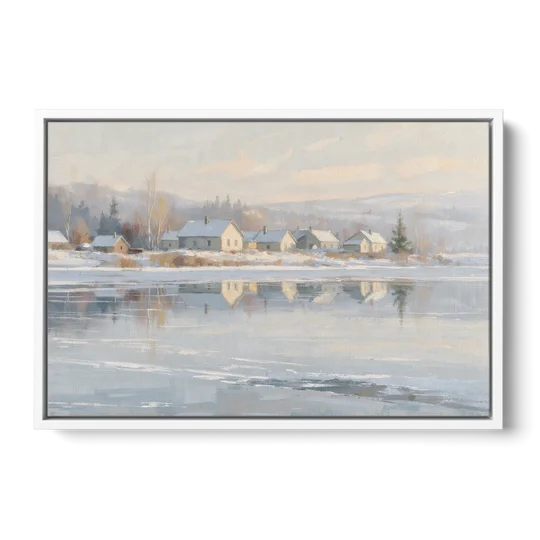Winter Wonderland Wall Art by the Frozen Lake - White Framed Canvas Wall Art - Front