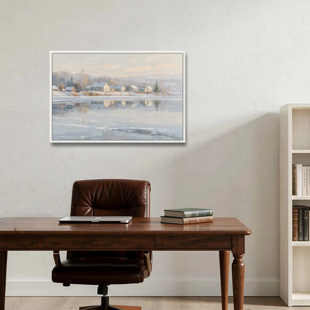 Winter Wonderland Wall Art by the Frozen Lake - White Framed Canvas Wall Art - Office - 36x24