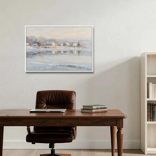 Winter Wonderland Wall Art by the Frozen Lake - White Framed Canvas Wall Art - Office - 36x24