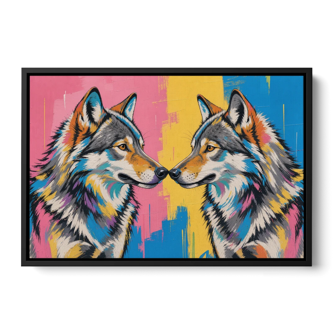 Wolf Art Prints Nose to Nose Greeting - Black Framed Canvas Wall Art - Front