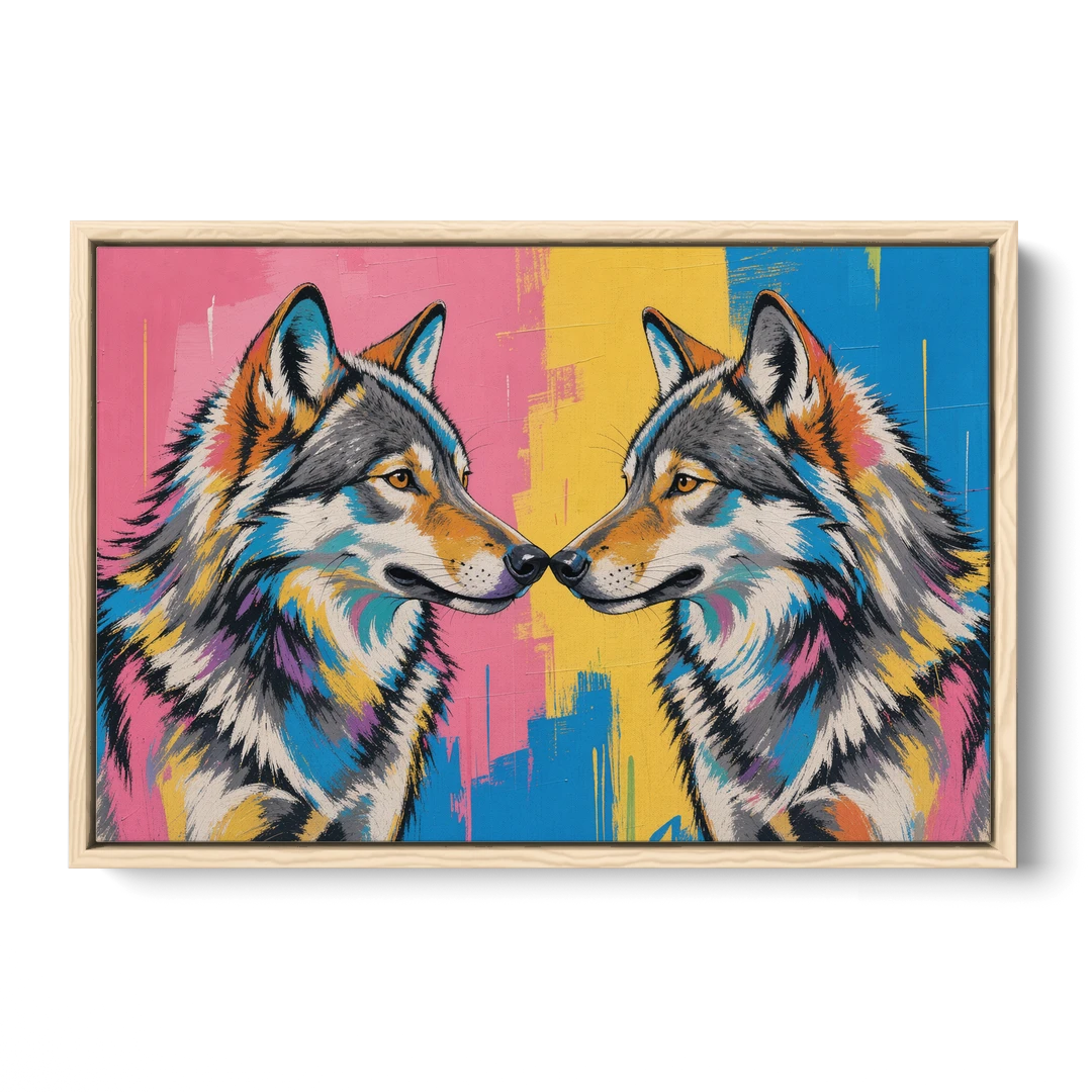 Wolf Art Prints Nose to Nose Greeting - Oak Framed Canvas Wall Art - Front