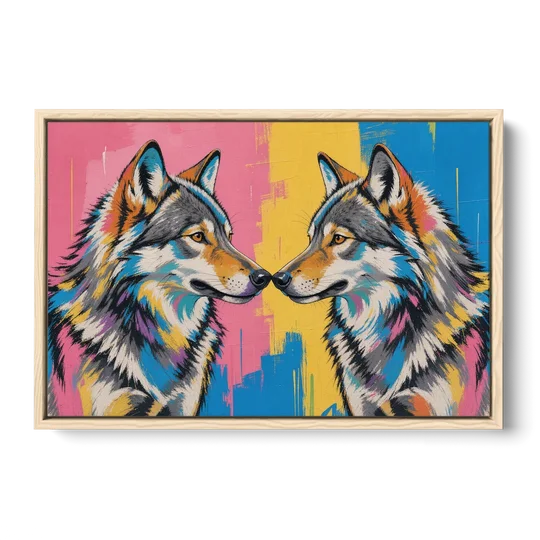 Wolf Art Prints Nose to Nose Greeting - Oak Framed Canvas Wall Art - Front