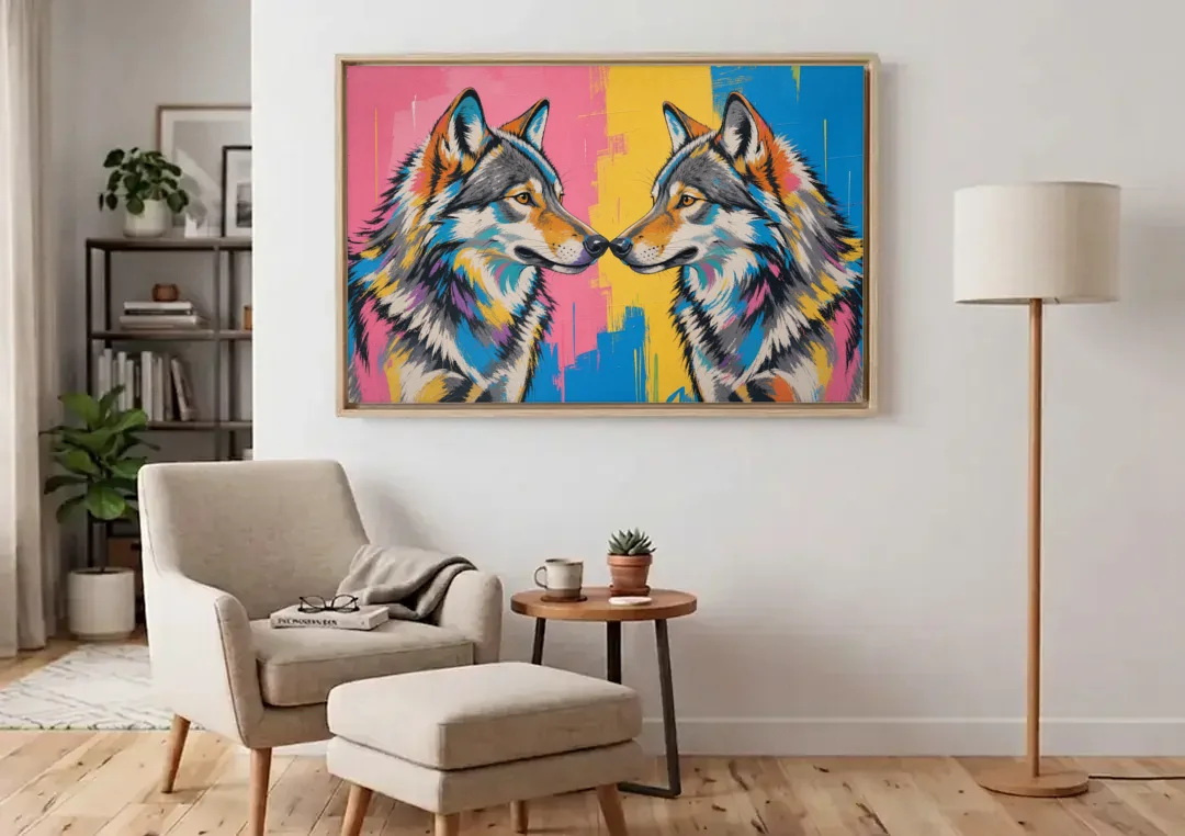 Wolf Art Prints Nose to Nose Greeting canvas wall art above an armchair in a bright living room