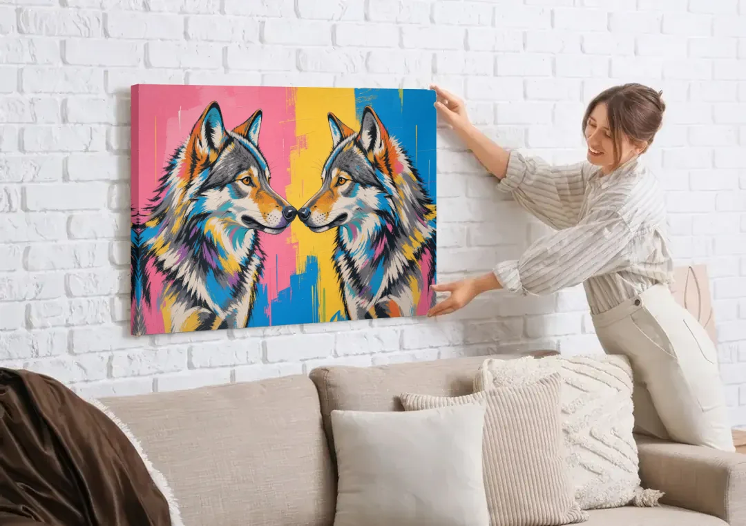 Wolf Art Prints Nose to Nose Greeting canvas wall art being hung on a white brick wall above a sofa
