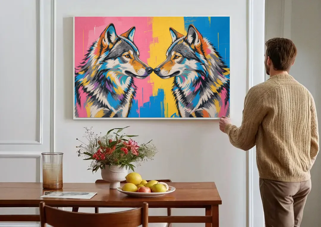 Wolf Art Prints Nose to Nose Greeting canvas wall art above a dining table