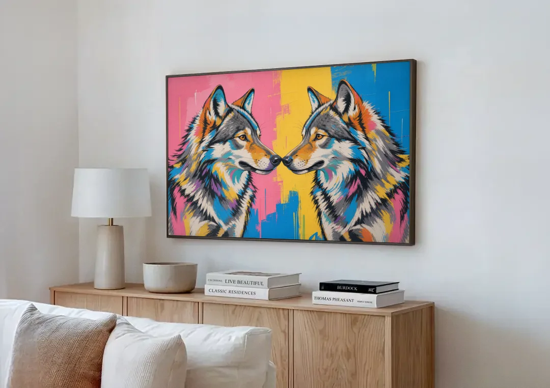Wolf Art Prints Nose to Nose Greeting canvas wall art above a wooden sideboard next to a sofa