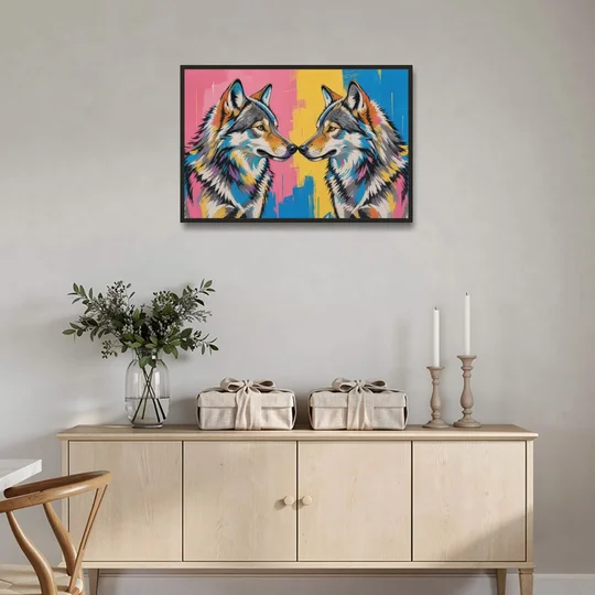 Wolf Art Prints Nose to Nose Greeting - Black Framed Canvas Wall Art - Coffee Table - 36x24