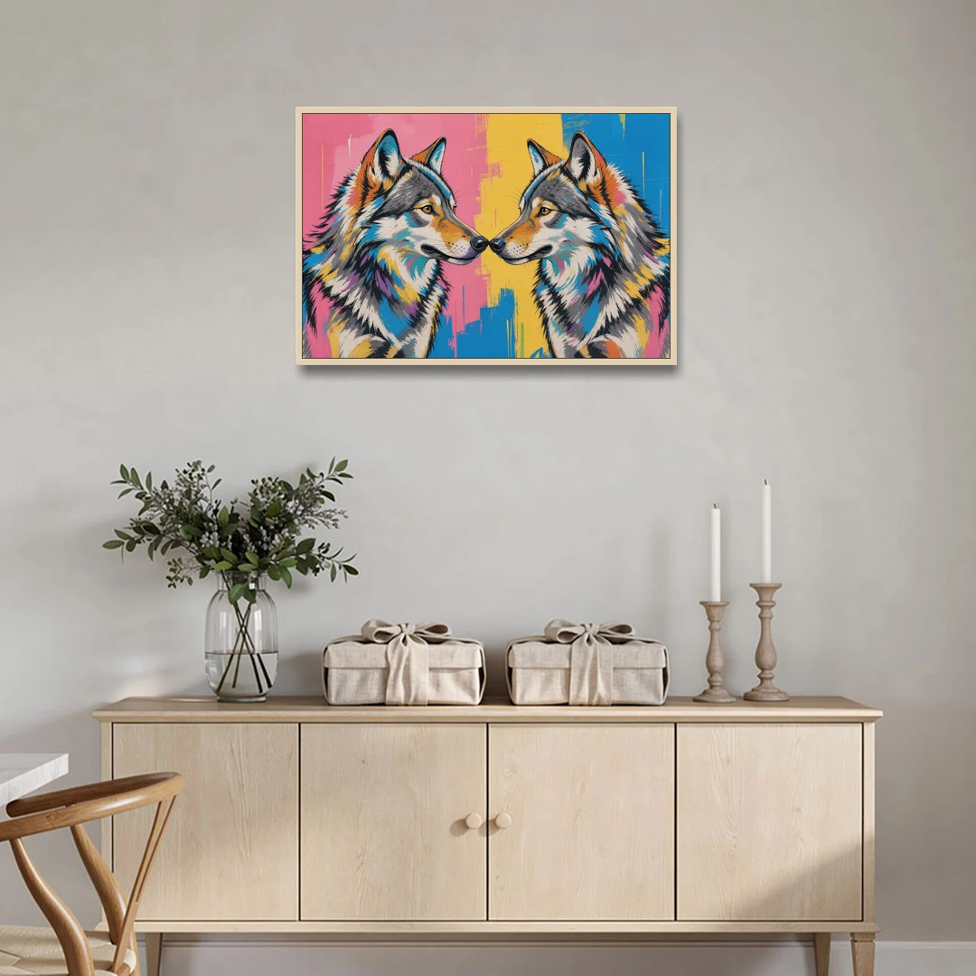 Wolf Art Prints Nose to Nose Greeting - Oak Framed Canvas Wall Art - Coffee Table - 36x24