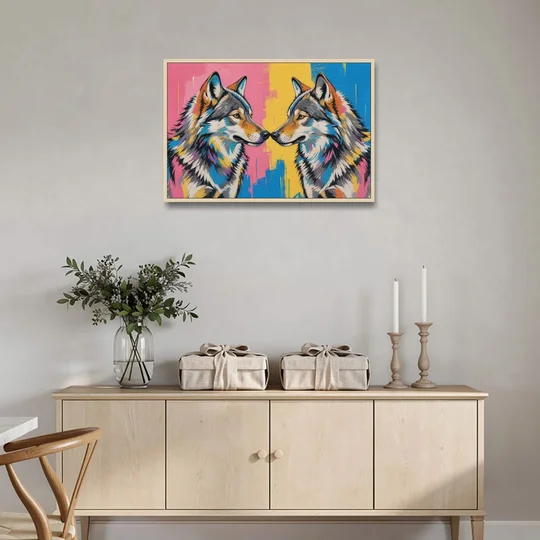 Wolf Art Prints Nose to Nose Greeting - Oak Framed Canvas Wall Art - Coffee Table - 36x24